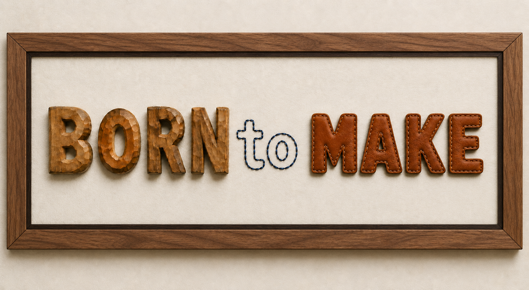 Born to Make, handcrafted in carved wood, thread, and stitched leather within a mitered wood frame